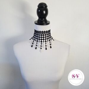 Black Lace Choker Necklace with Pearl Teardrops